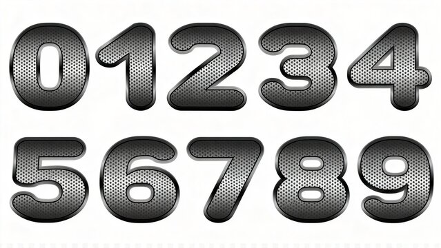 3D Black Perforated Metal Numbers 0-9 Set, Dotted Mesh Texture Dark Gray Metallic Digits Collection for Industrial Poster, Tech Design, Modern Title and Creative Typography