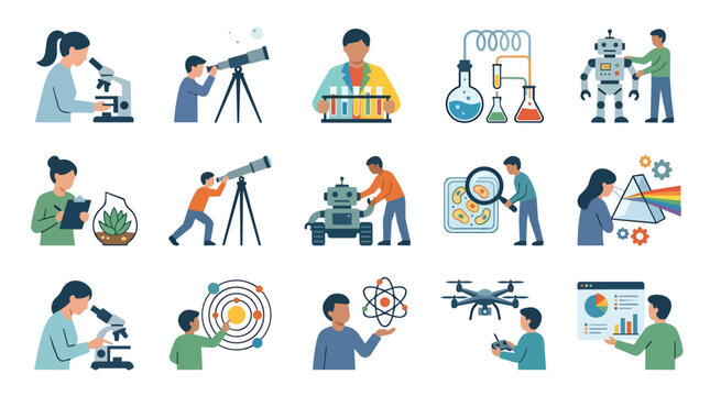 Scientific research and stem education activity set featuring laboratory experiments and technology exploration in a flat vector illustration for academic learning materials