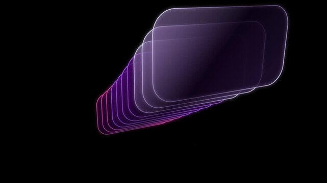 Abstract digital background with glowing purple rounded rectangular layers in a perspective motion effect