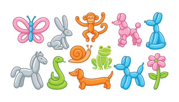 Cute colorful balloon animals vector illustration collection set with dog poodle monkey horse rabbit butterfly snake and flower