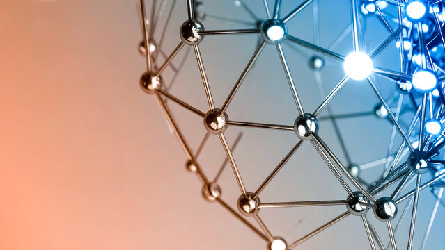 Metallic network structure with glowing nodes and connecting lines