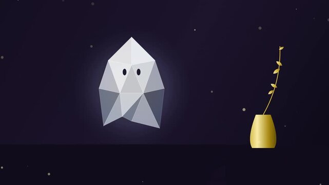 Ghostly, geometric figure floats near a golden vase. Tiny leaves sprout from the vase's opening. Soft glow emanates from the ghost's form. Starry night sky fills the background