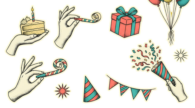 Hand drawn birthday party elements set with cake, gifts, balloons and confetti icons