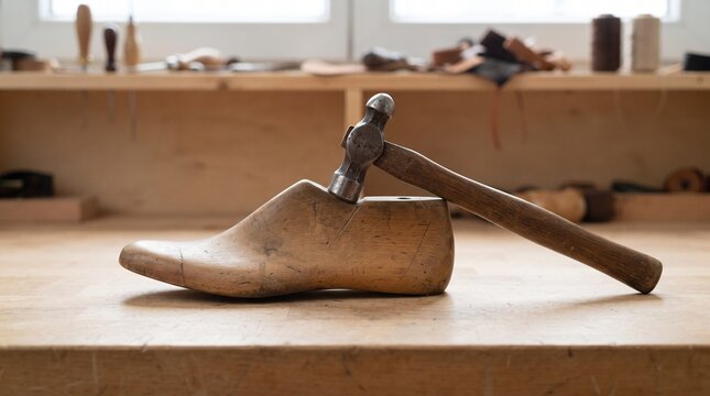 Wooden shoe last with hammer on workbench in cobbler workshop  
