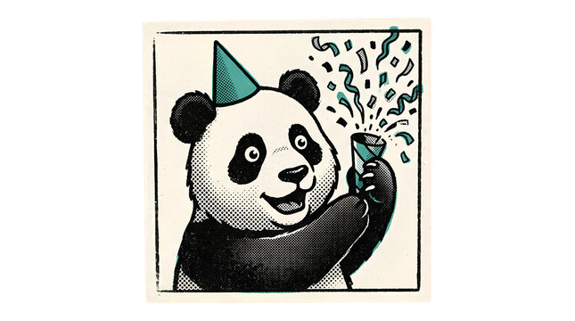 Cute panda bear wearing a party hat popping confetti for a birthday celebration illustration