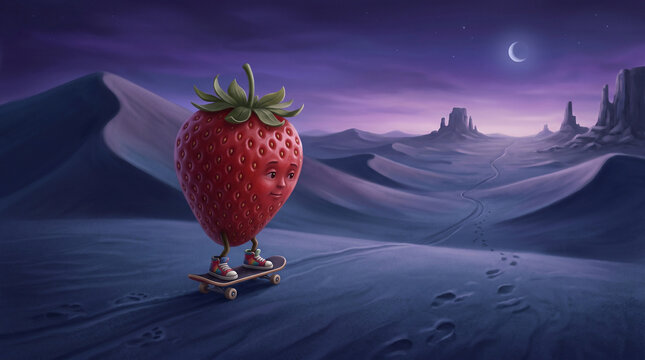 Fresa gigante en patineta ilustracion con animo onirico y surrealista