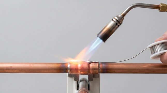 Torch welding copper pipes with flame and soldering wire  