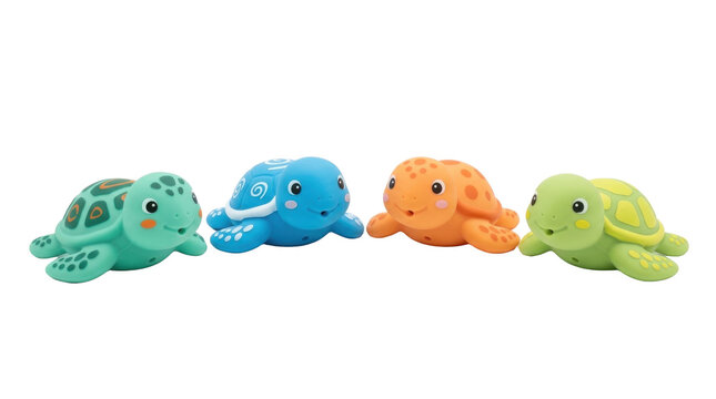 Four colorful cartoon baby turtle toys in a row PNG Isolated on transparent background