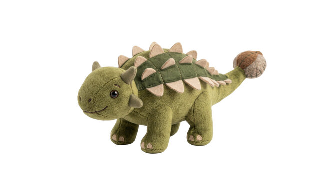 Cute green plush ankylosaurus dinosaur toy with spikes and club tail PNG Isolated on transparent background