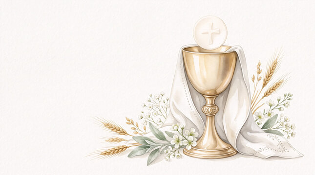 Golden Chalice with Communion Host Wheat and White Flowers Watercolor Illustration
