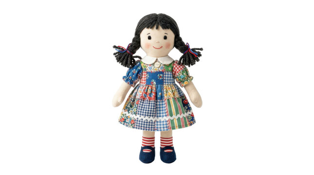 Rag Doll with Pigtails and Patchwork Dress PNG Isolated on transparent background