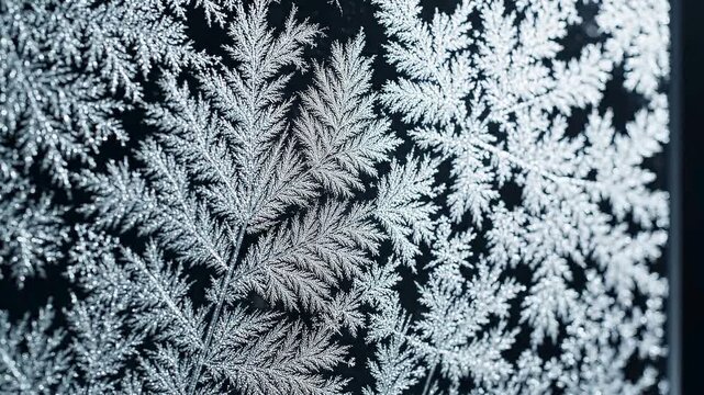 Macro view of intricate frost patterns and fern-like ice crystals forming on a cold glass surface during winter