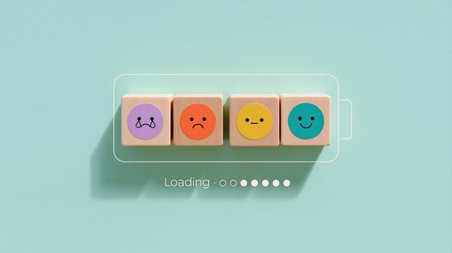 Mood battery with loading progress bar showing emotion and mental health wellbeing