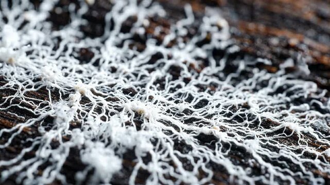 Macro photography of white mycelium fungus network growing on dark wood