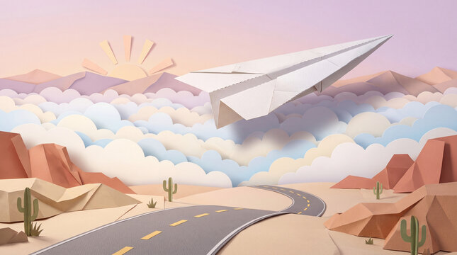 Avion de papel de tama&ntilde;o real bajo amanecer pastel