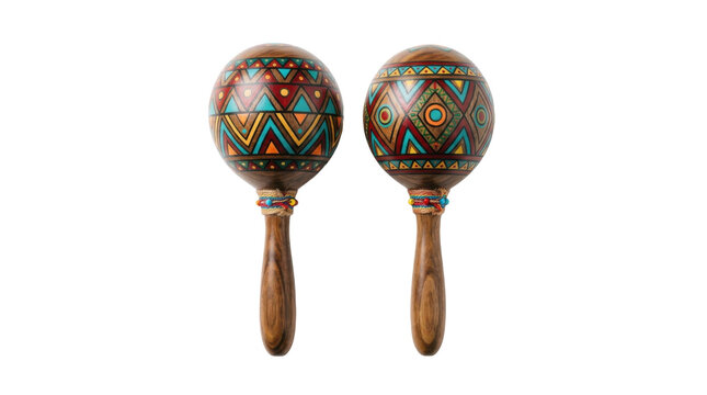 Two Wooden Maracas with Colorful Geometric Patterns and Beaded Cords PNG Isolated on transparent background