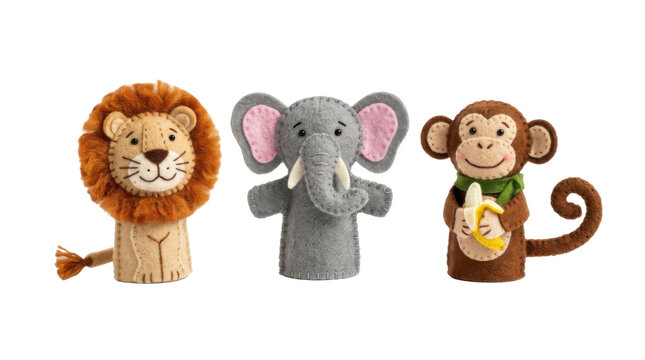 Felt finger puppets of a lion elephant and monkey with a banana PNG Isolated on transparent background