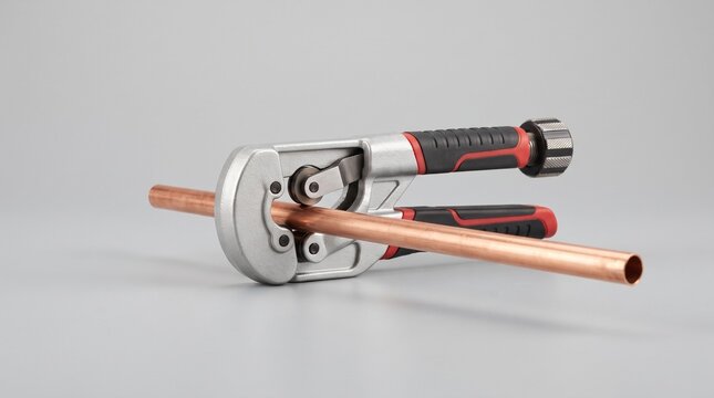 Copper pipe bender tool with copper pipe on a gray background  