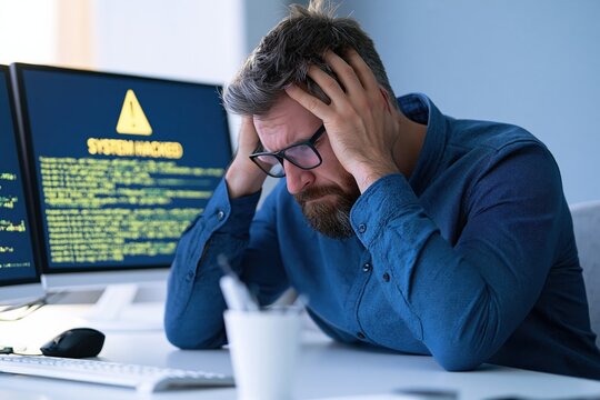 Hacker cyber security breach causing stress and panic for a professional developer