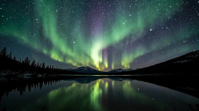 Stunning Northern Lights illuminate the night sky with vibrant green and purple auroras over a calm mountain lake