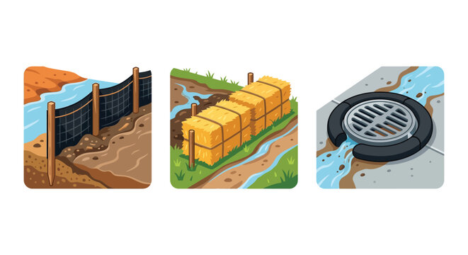 Isometric Construction Erosion and Sediment Control Icon Set