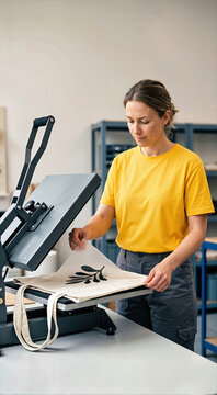 Female artisan in yellow shirt peeling transfer paper from canvas tote bag on open heat press machine. Custom textile printing process in craft workshop setting for merchandise production