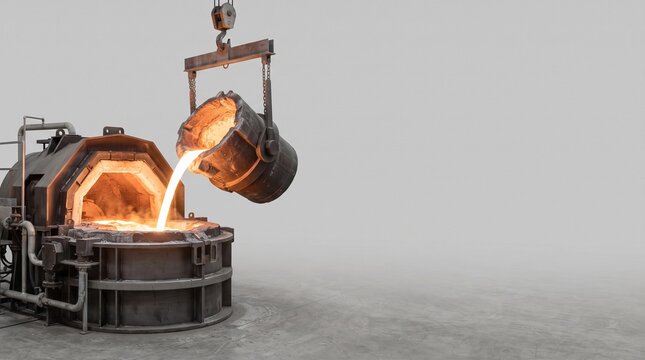 Molten metal being poured from ladle into industrial furnace  