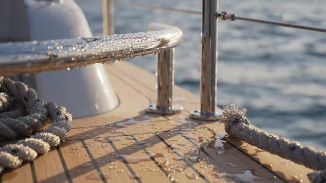 A view of the wet teak wooden deck on a luxury yate de lujo sailing through the ocean at sunset