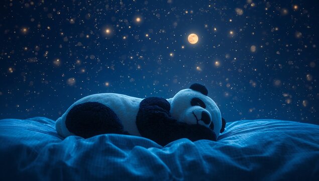 Generative AI depicts a plush panda sleeping peacefully under a starry night sky
