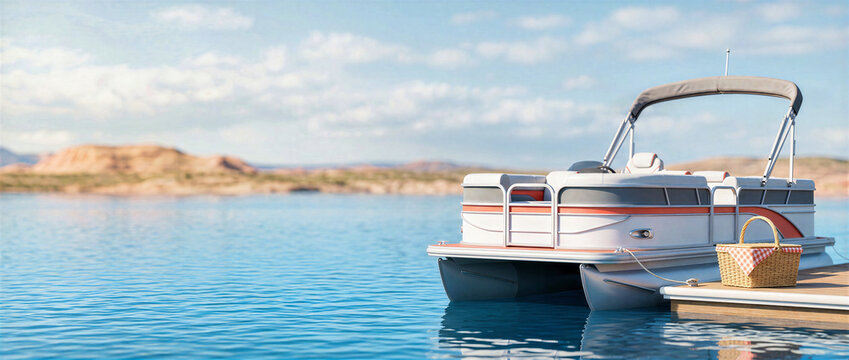 White pontoon boat moored at a wooden dock on a blue lake with a wicker picnic basket. Motorized recreation vessel at pier on water with copy space for summer leisure banner and background