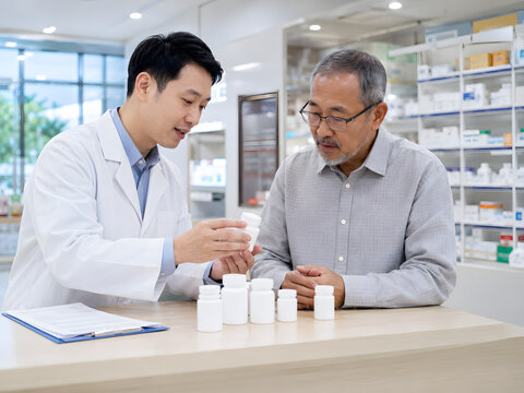 Older Asian man meeting with a pharmacist to review multiple generic prescription bottles after hospital discharge at a pharmacy consultation counter