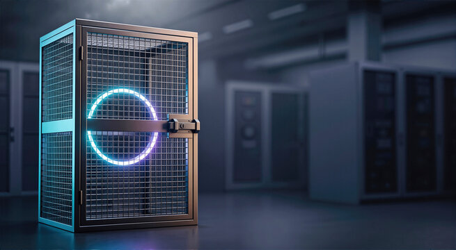 Locked metallic server cage with glowing cyan circular neon light in dark data center room. Cybersecurity, data protection, secure server rack hosting and cloud infrastructure storage concept