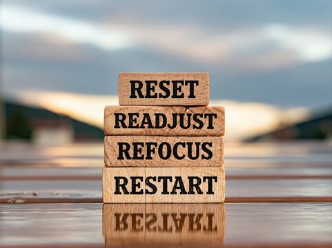 Reset readjust refocus and restart wooden blocks for business growth and success