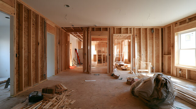 Wide angle view of a house under renovation