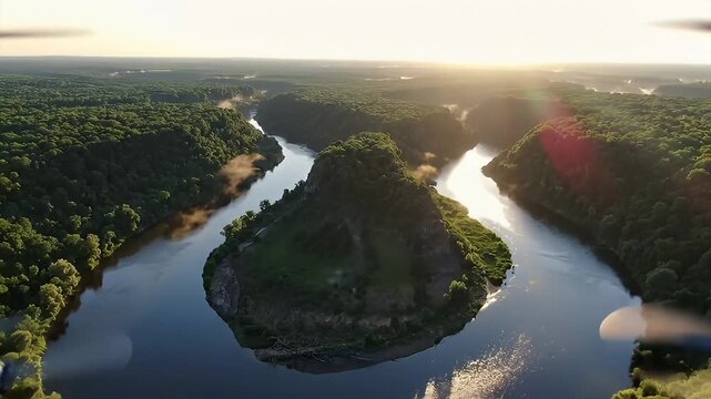 Winding river bend surrounded by dense green forest.