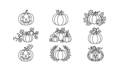 Fototapeta premium Halloween Pumpkin and Autumn Leaf Line Art Vector Clip Art Collection