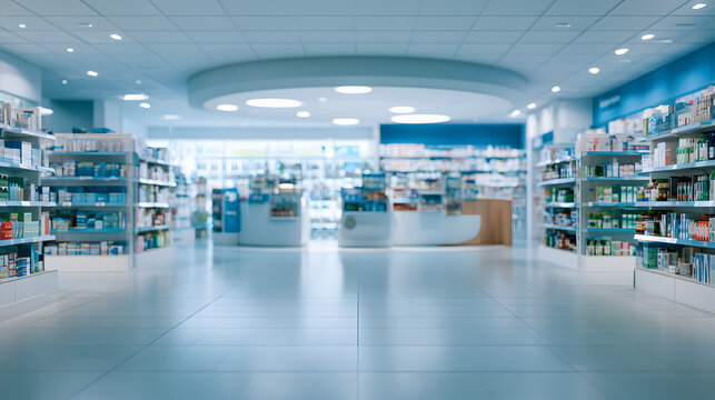 Blurred wide angle view of a modern drug store, showing open interior