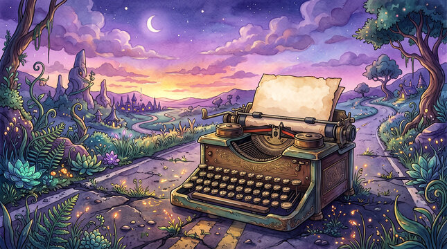 Maquina de escribir antigua bajo cielo lavanda al anochecer