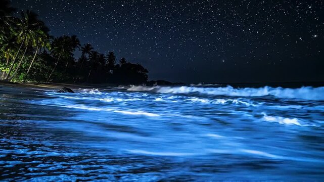 Stunning night view of bioluminescent phytoplankton glowing blue in ocean waves on a tropical beach
