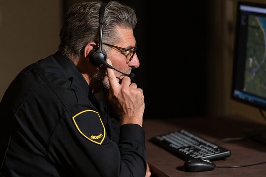 Security guard monitoring surveillance screens at a dark night work workstation