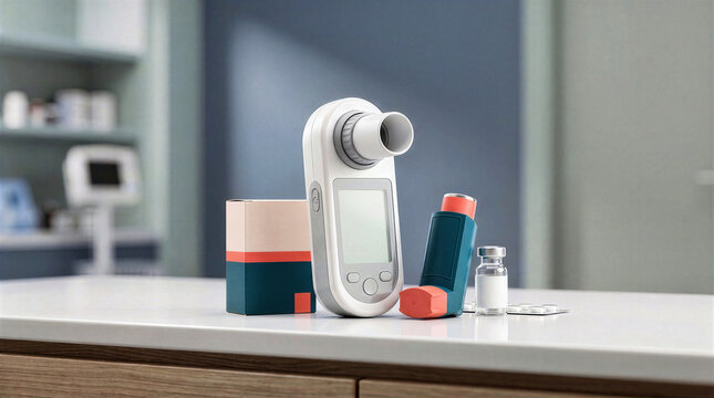 Digital medical spirometer device with asthma inhaler, pharmaceutical glass vial and box on clean clinic counter desk. Respiratory care equipment, lung function test and healthcare concept