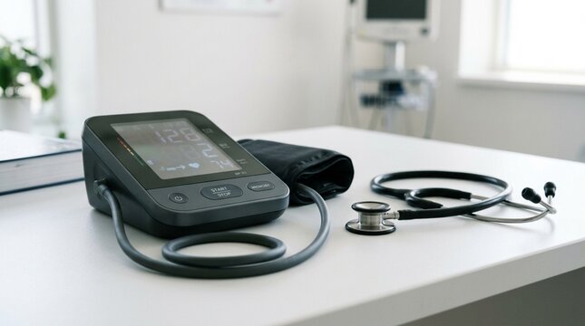 Medical Equipment: Digital Blood Pressure Monitor and Stethoscope on White Table