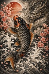Fototapeta premium 荒波と桜、赤富士を背景に昇る龍と錦鯉の和風イラスト