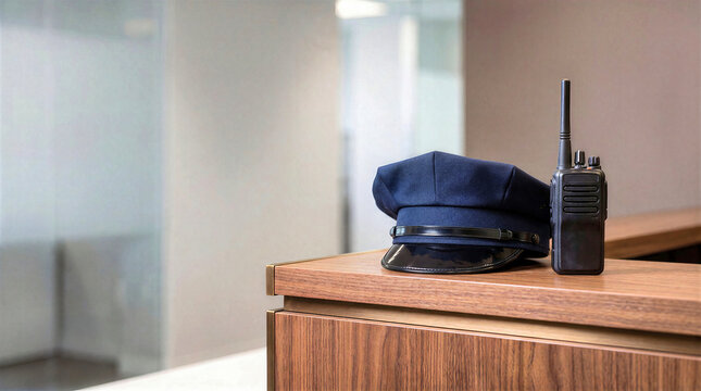 Navy blue peaked cap and black walkie-talkie handheld radio resting on wooden reception counter in modern office building interior. Security guard duty and safety service concept, horizontal