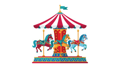 Vintage carousel amusement park ride with colorful horses and striped canopy tent vector illustration isolated on white background © Ruma