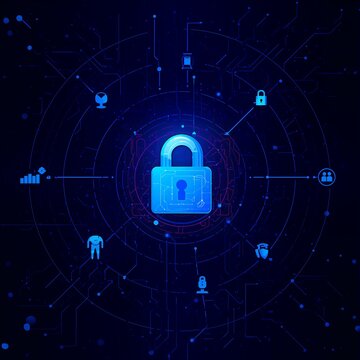 Generative AI visualizes digital cybersecurity with a glowing lock surrounded by network icons
