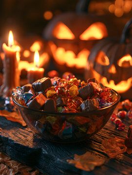 Wadah permen Halloween meriah bersama lilin dan labu