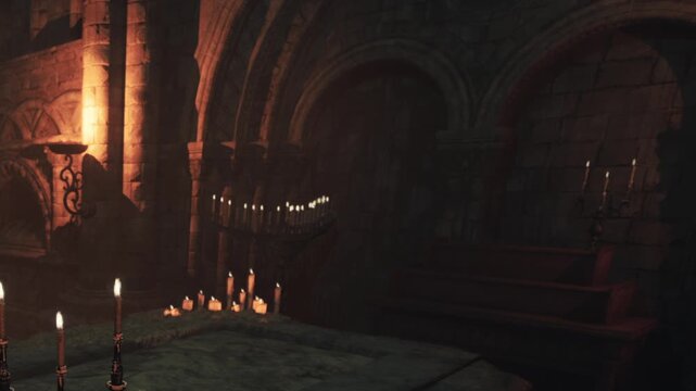 Candles are placed around a stone table in a dark room with arches. The light from the candles flickers on the walls. This space has a historic and eerie atmosphere.