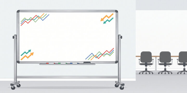 Blank Whiteboard on Wheels in Office Meeting Room with Growth Charts and Copy Space for Business Presentation