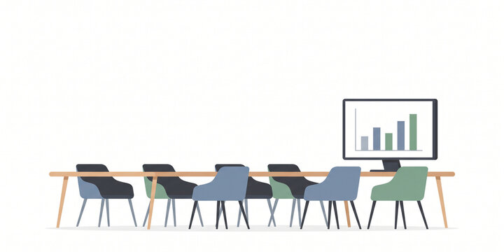 Empty modern conference room vector illustration with table, chairs, and computer screen showing business graph